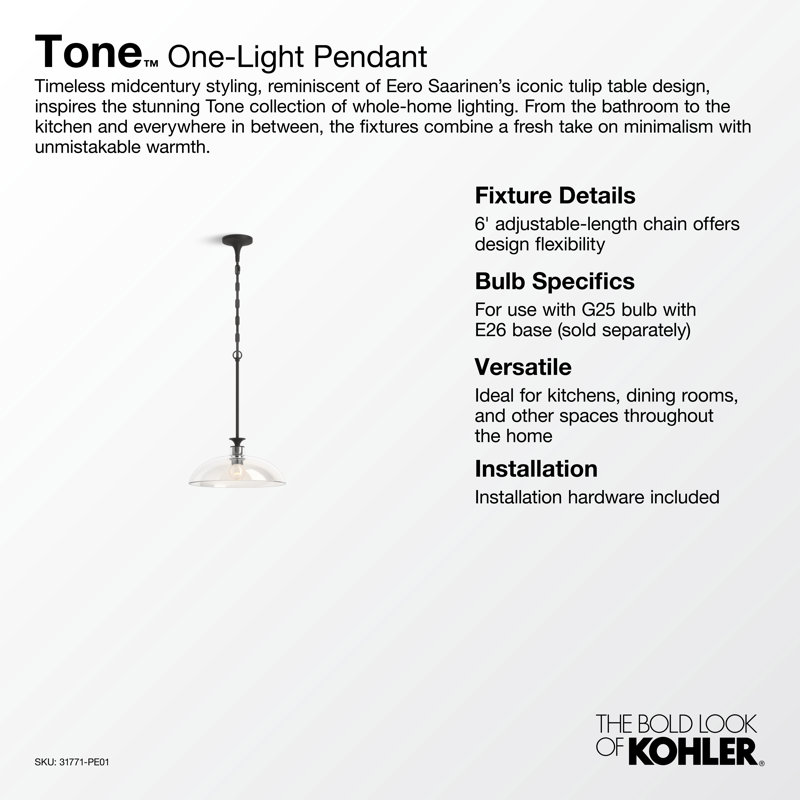 Tone 1 Light Pendant Lighting Fixture for Kitchen Island, 6' Adjustable Cord Length, Matte Black