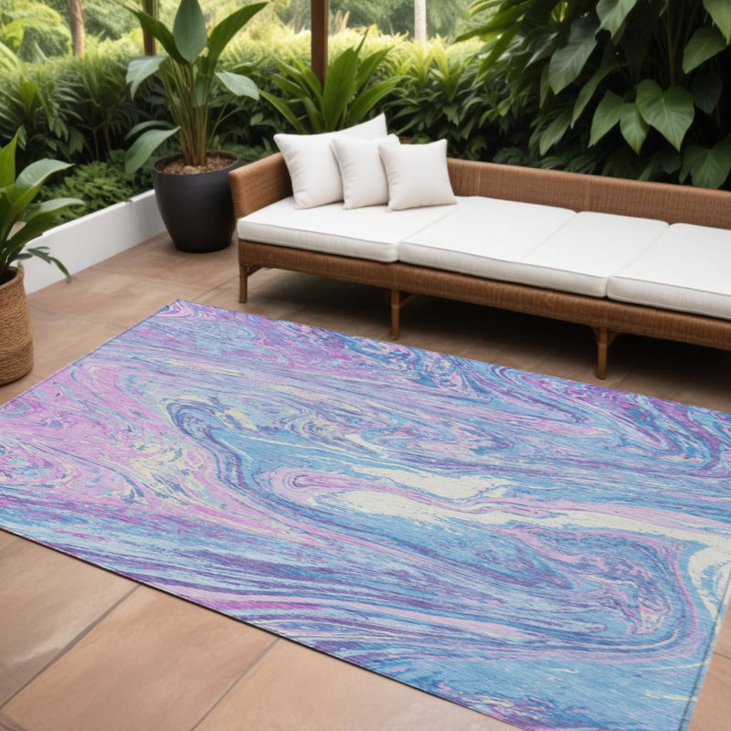 Tapis extérieur lavable abstrait ivoire 8 pi x 10 pi bleu lavande et ivoire