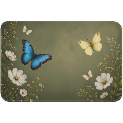 Blue Butterfly Floral Flannel Floor Mat, Non Slip Washable Rug for Kitchen Entryway Home Decor, 24 x 36 in