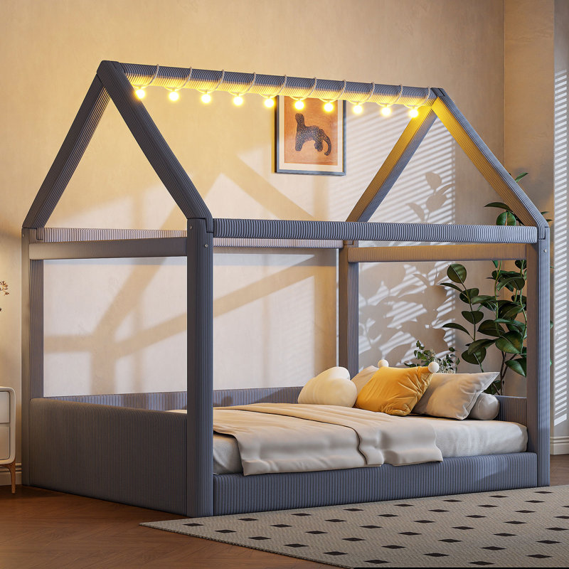 Full Size Upholstered House Daybed with LED Light Strips, Solid Wood Frame, Corduroy Fabric & Touch Switch Lighting, Gray