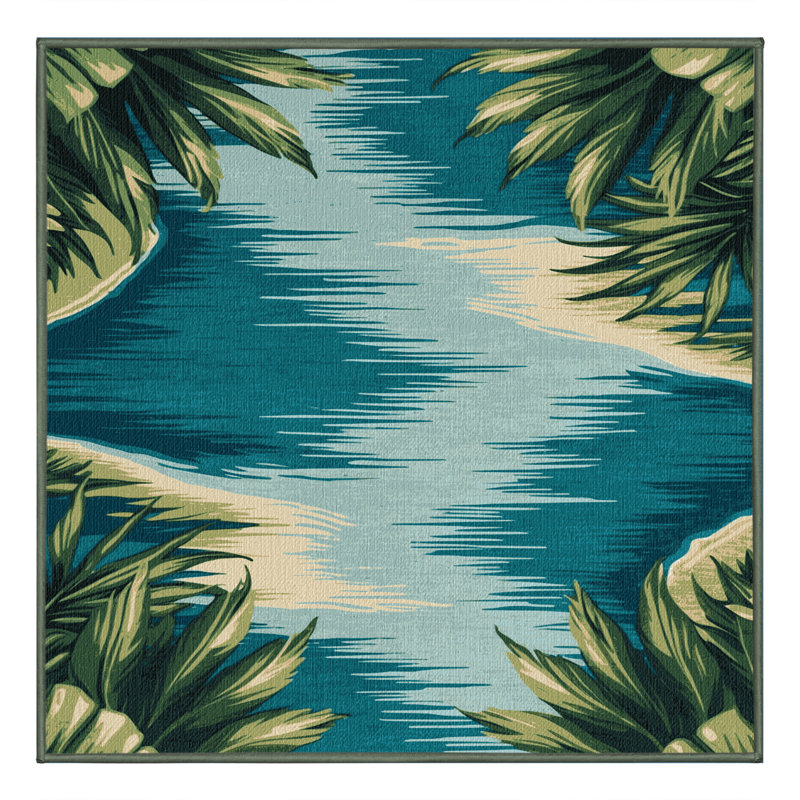 Washable Lagoons Hawaiian Area Rug, Square 3'
