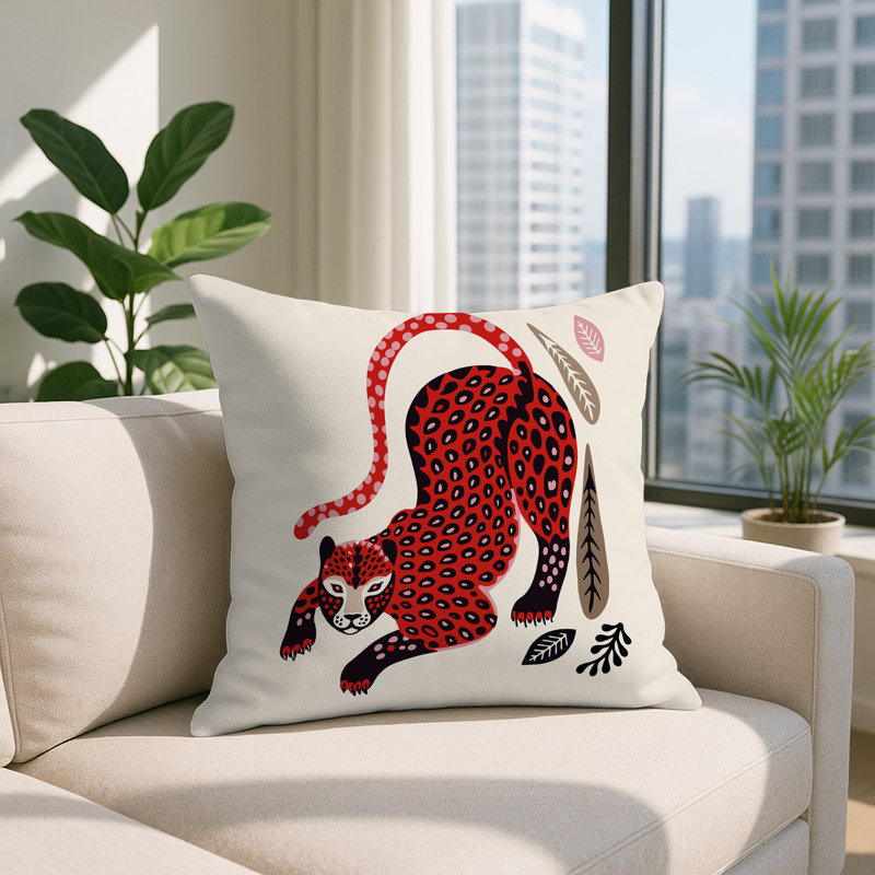 Oreiller carré réversible intérieur / extérieur Gino Leopard, Carré 17 po, Rouge