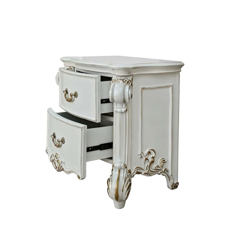 Table de chevet 2 tiroirs avec pieds à volutes, Crème antique