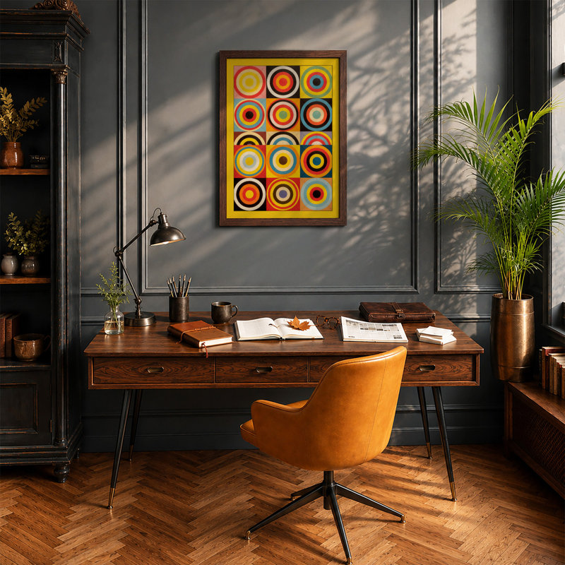 Chromatic Circles Geometric - Framed Print, A4 - 29.7 x 21.0 cm, Walnut