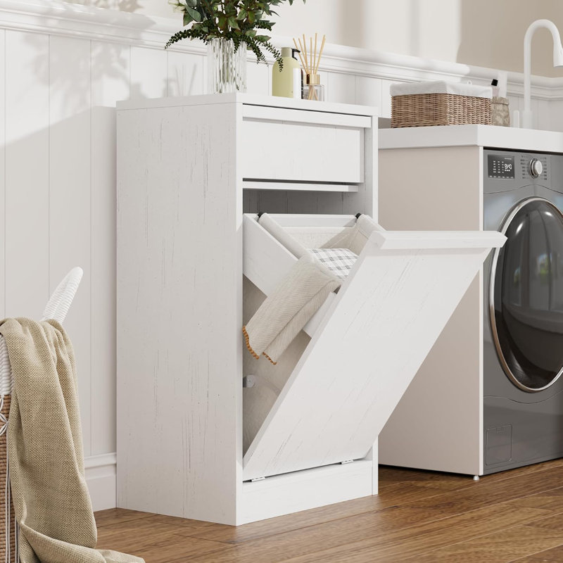 Meuble à linge basculant de style ferme - Rangement simple en bois avec tiroir et panier - Poubelle dissimulée de 38 litres - Organisateur pour salle de bain et cuisine - Blanc antique, meuble simple