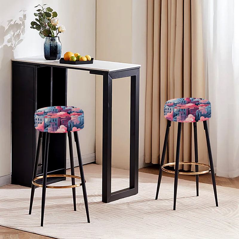 Motif de paysage urbain bleu et rose - ensemble de 2 tabourets de bar abstraits