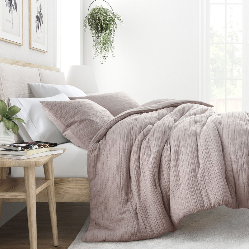 Waffle Textured 3-PC Comforter Set All Season Down-Alternative Ultra Soft Bedding, Muave, Twin / Twin XL