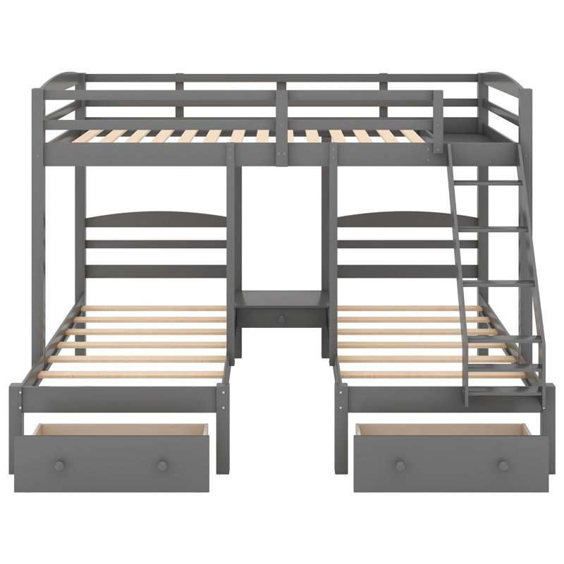 Full over Twin & Twin Triple Bunk Bed with Drawers, Storage Bunk Bed, Space-Saving Bed Frame, Gray