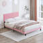 Pour la chambre à coucher, lit plateforme moderne en lin à finition rose avec tête de lit capitonnée et support à lattes de bois-1023870110-1023870108