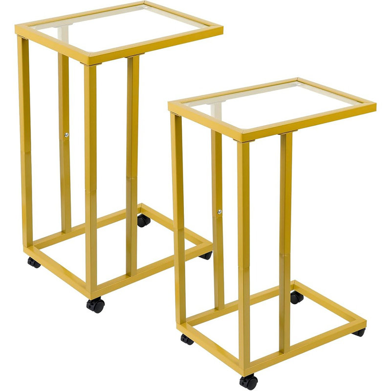 Ensemble de 2 tables de bout en forme de C, table d'appoint en verre trempé avec cadre en métal, plateau télé pour salon, canapé-lit pour ordinateur portable et lit, doré