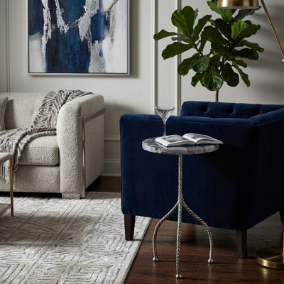 Table d'appoint ronde moderne sur pied pour salon - Petite table d'appoint élégante avec accent décoratif pour coin lecture - 61 cm, bleu et argent