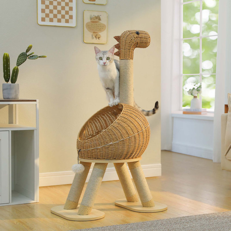 Tour à dinosaure moderne avec arbre à chat, poteau à griffes, maison en rotin et lit en osier avec tapis amovible