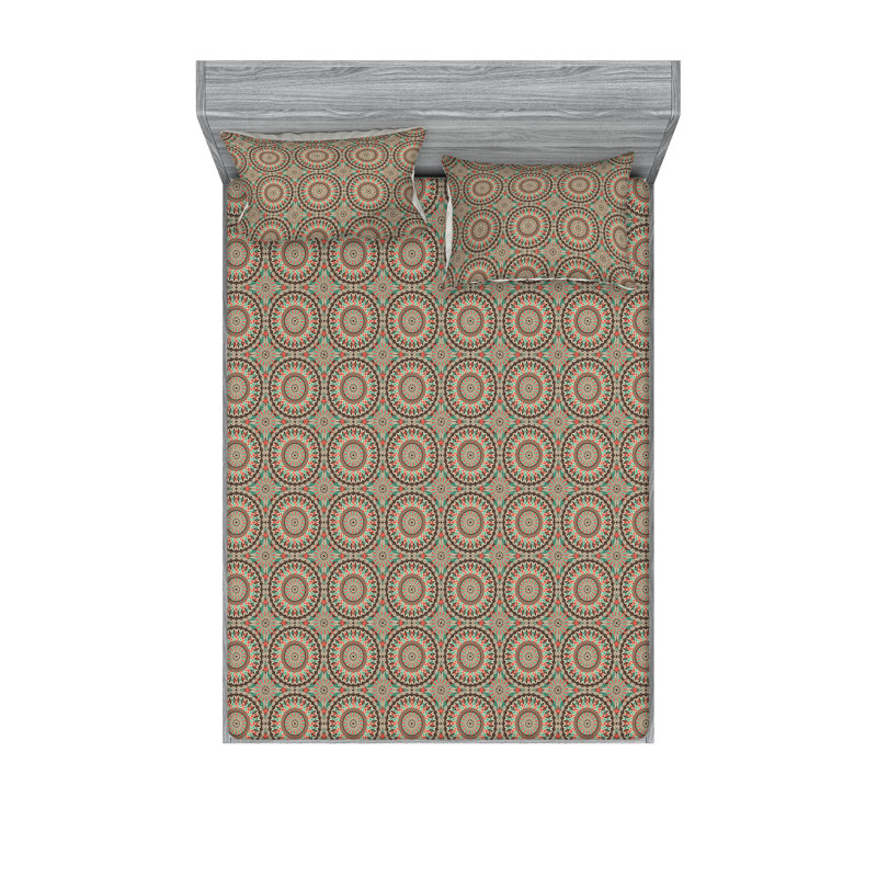 Ambesonne Fitted Sheet & Shams Psychedelic Round Pattern Multicolor, King Sheet Set with 2 Pillowcases