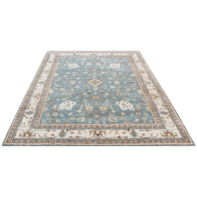 Hand Knotted Oushak Wool Rug- Transitional Blue & Cream Floral Area Rug- Premium Hand-Woven Traditional Rug