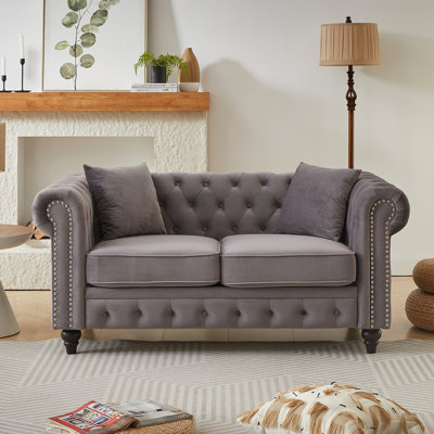 Velours contemporain de 63,5 po avec boutons, accoudoirs roulés, 2 coussins, coussins de siège en mousse à haute densité, structure en bois pour le primaire gris moderne, accoudoirs et espace principal en bois rembourré