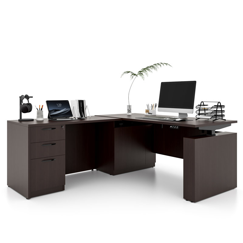66.93" L-Shaped Height Adjustable Standing Desk With Pre-Assembled Frame and Lockable Cabinet, Brown, Right Hand Return