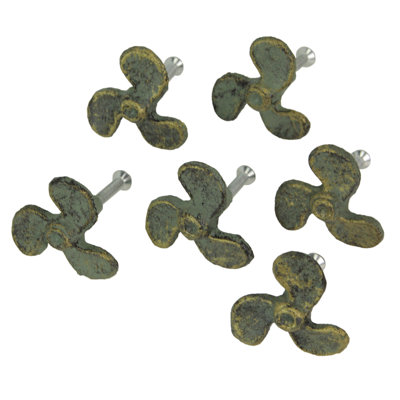 Nautical antique white cast iron boat propeller cabinet knobs and drawer pulls, set of 6 — 1.75 in. diameter, 1 in. projection