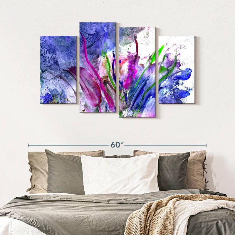 Ensemble de 4 fleurs abstraites sur toile, H 52 po x l 32 po x P 1,25 po