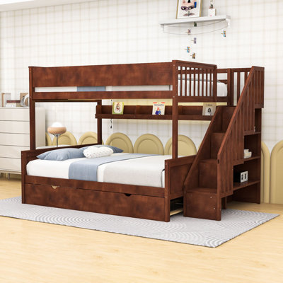 Full XL over Queen Bunk Bed with Storage Shelves and Staircase,Twin Trundle
