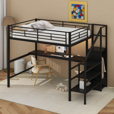 Lit mezzanine double en métal avec bureau, escalier de rangement, petite armoire et lumière DEL