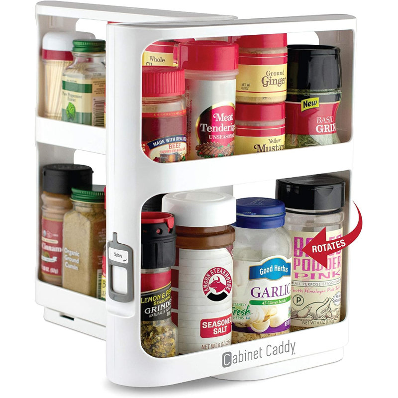Cabinet Caddy Sliding Spice Rack Organizer For Cabinet - Pull & Rotate Kitchen Organizers And Storage - 2 Double-Decker Shelves - Non-Skid Base - Magnetic Modular Design - 10.8" H X 5.25" W X 10.8" D