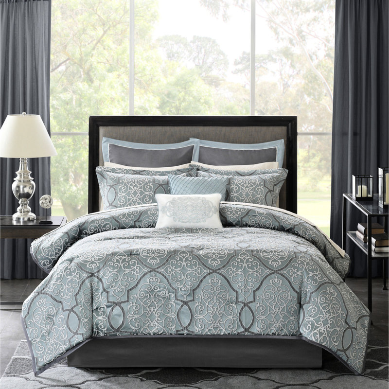 Édredon pour très grand lit - Bleu - 12 pièces avec drap-housse et coussins en coton