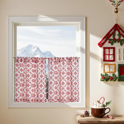 Snowflake Plaid Christmas Tier Curtains Red Knit-Look Faux Canvas Small Windows