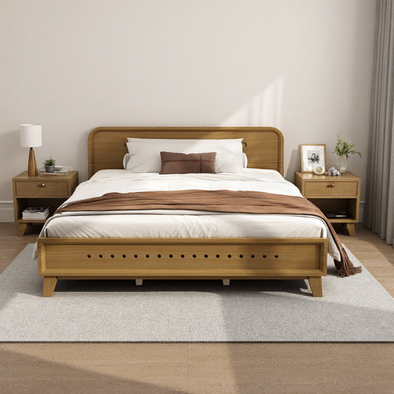 Pine Solid Wood Queen Bed - Rustic Yellow, No Box Spring Needed, Solid & Stable, Queen