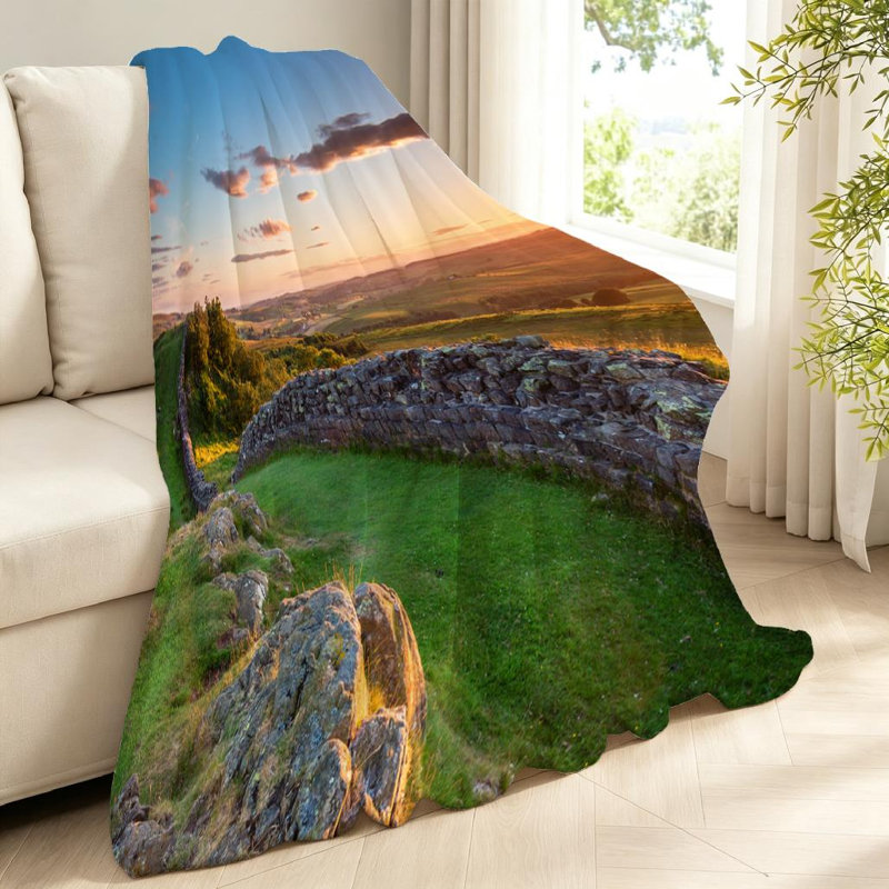Jeté en flanelle bleue ultra douce, imprimé Hadrian Wall Near Sunset, Throw 40" x 50"