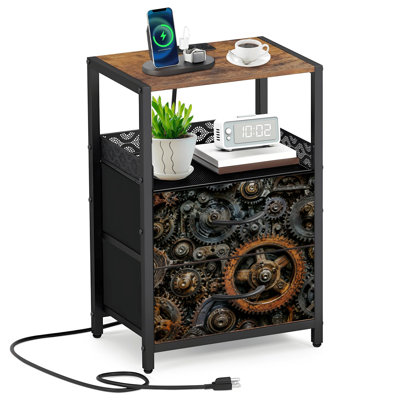 2 Fabric Drawers Night Stand with Charging Station Rustic Industrial Gears Cogs Vintage Mechanical Design Bedroom Bedside Table End Table with Open Shelf USB Ports and Outlets