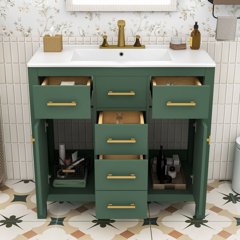 Élégant meuble-lavabo en bois avec lavabo brillant et grand espace de rangement, Vert