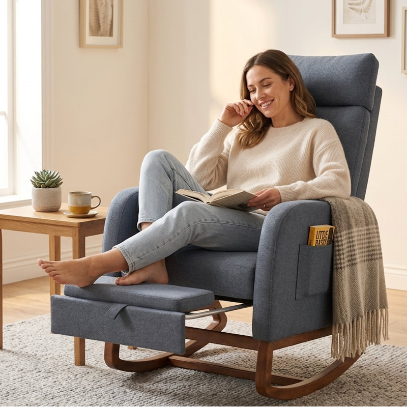 Chaise berçante rembourrée avec repose-pieds et dossier haut, Gris foncé