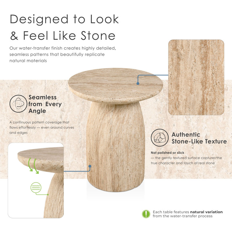 Fulcher Stone-Like 17" W Pedestal End Table with Travertine Effect, Light Brown Travertine