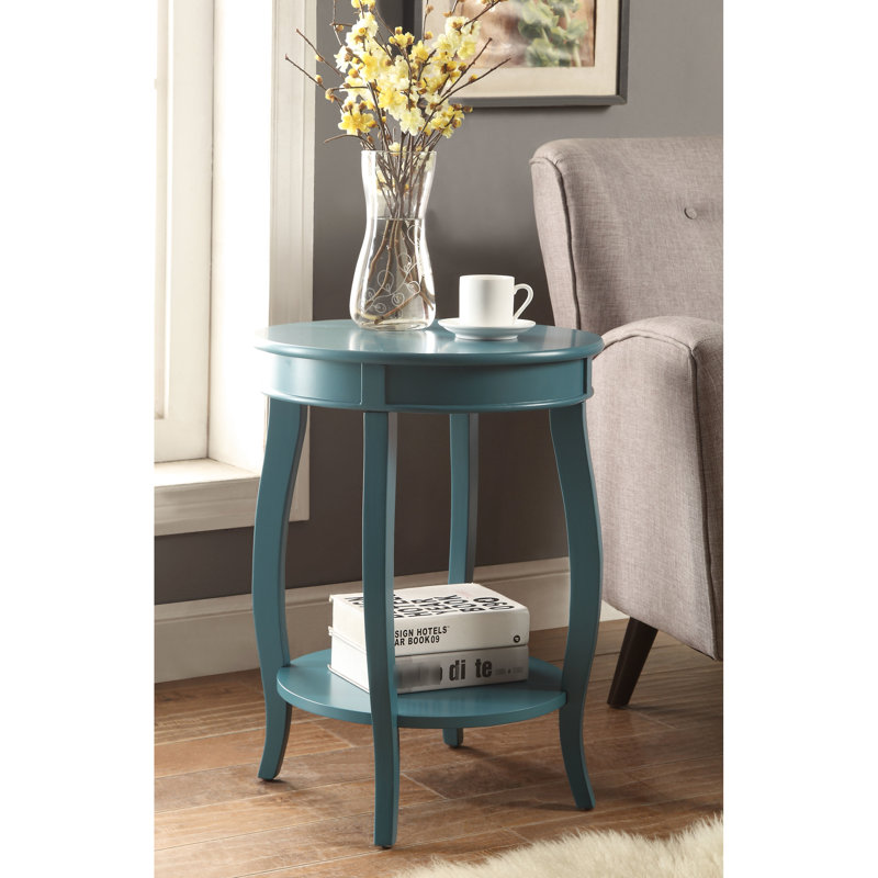 Table d'appoint avec finition sarcelle - Pied en bois et tablette inférieure dans un espace de rangement ouvert