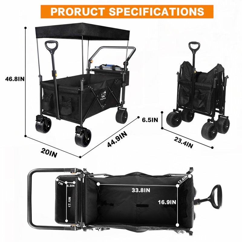 Folding Wagon Cart with Wheels, Black