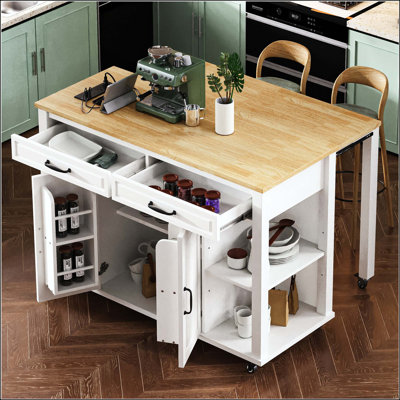Îlot de cuisine 47 po avec table de salle à manger extensible, rangement et prise de courant