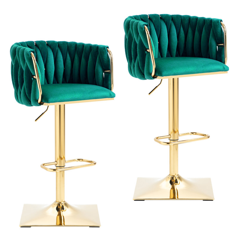 Tabouret tournant à hauteur réglable avec base dorée, Emerald Velvet