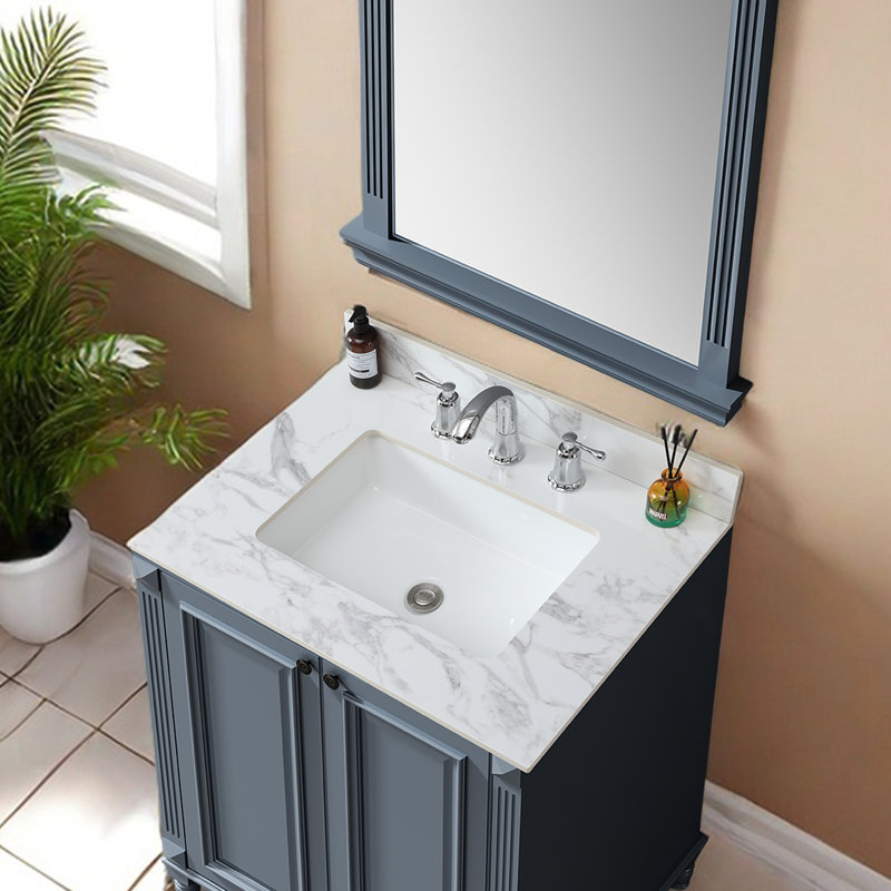 Dessus de meuble-lavabo de salle de bain 31 po x 22 po - Blanc pierre fritté avec lavabo en céramique, s'adapte à la plupart des armoires standard, installation facile par le dessous pour maintenir la beauté