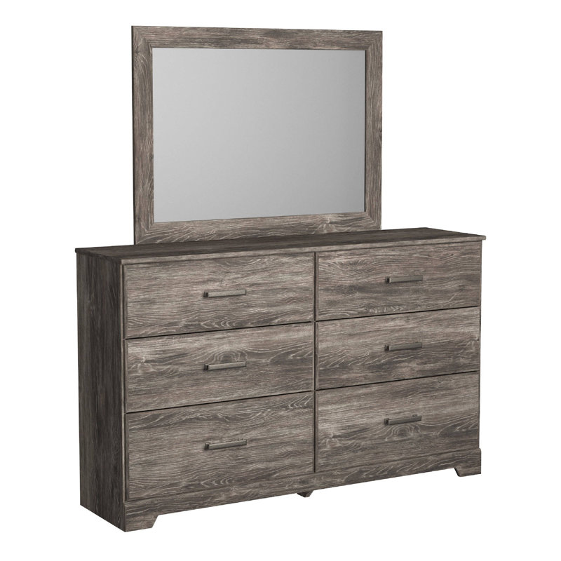 Isnk 2Pc Dresser And Mirror Set, 6 Drawers W Bar Handles, Rustic Gray