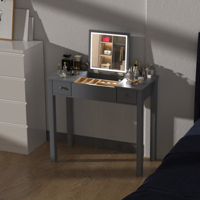 Grey Dressing Table With Led Lights And 2 Drawers - 3Mm Flip Mirror, Copious Space For Lipstick Primer Sleek Vanity & Hd Ample Perfume Cosmetics