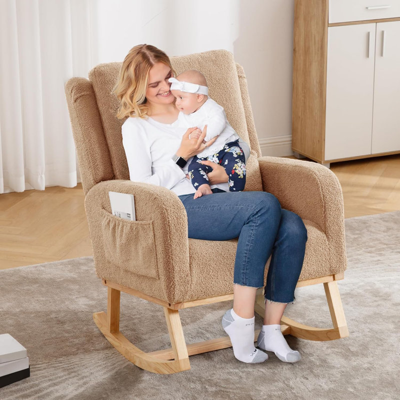Rocking Chair with Supportive Lumbar Pillow, Khaki