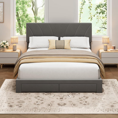 Queen Size Velvet Platform Bed Frame, Upholstered Bed with Adjustable Headboard, 2 Storage Drawers, Wooden Slats Support, Noise-Free, No Box Spring Required, Easy Assembly, Grey