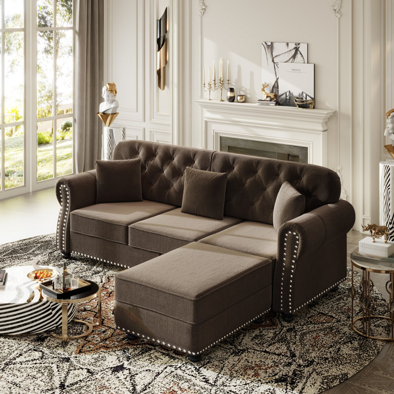 Style moderne du milieu du siècle, velours brun, garniture cloutée, bouton, roulé, cadre inclus, design durable, idéal pour le salon