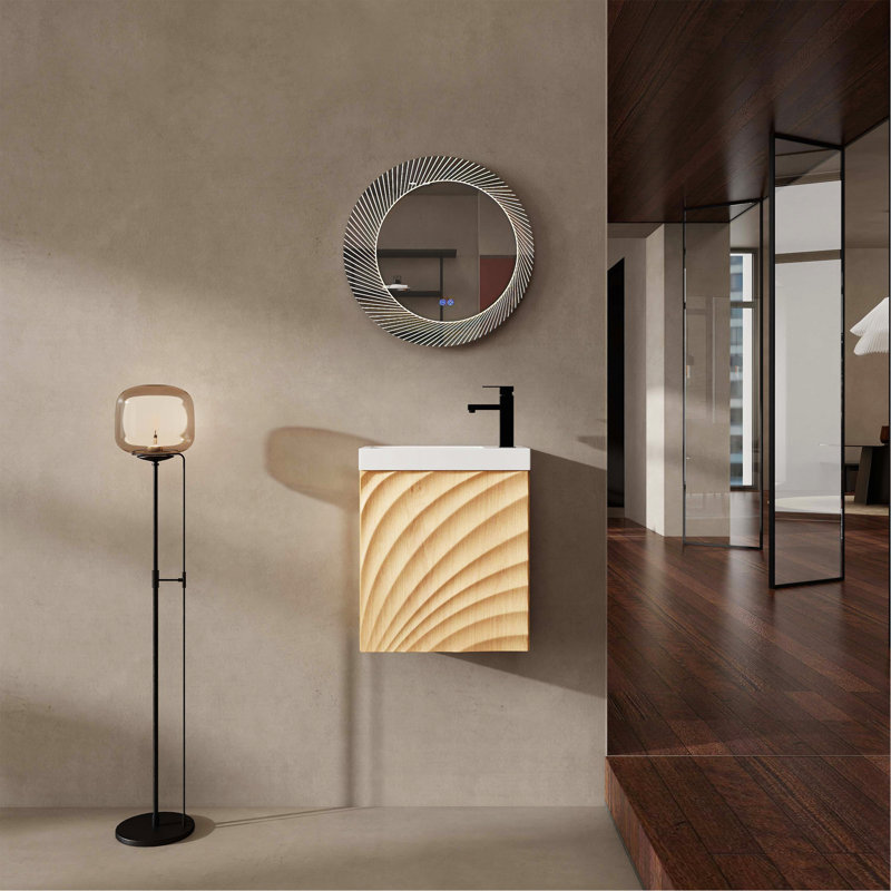 Meuble-lavabo mural 18,5 po avec lavabo en résine, porte simple à fermeture douce, panneau de fibres à densité moyenne, bois naturel (KD-Packing)