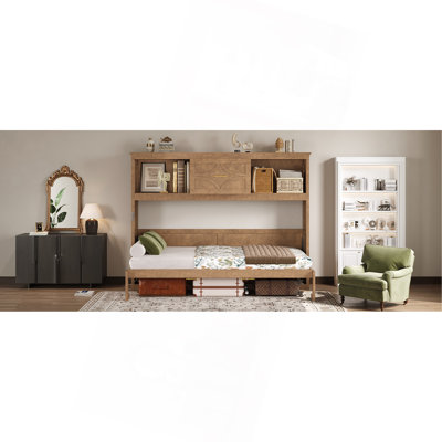 Lit escamotable simple avec station de charge et tiroir, couleur bois
