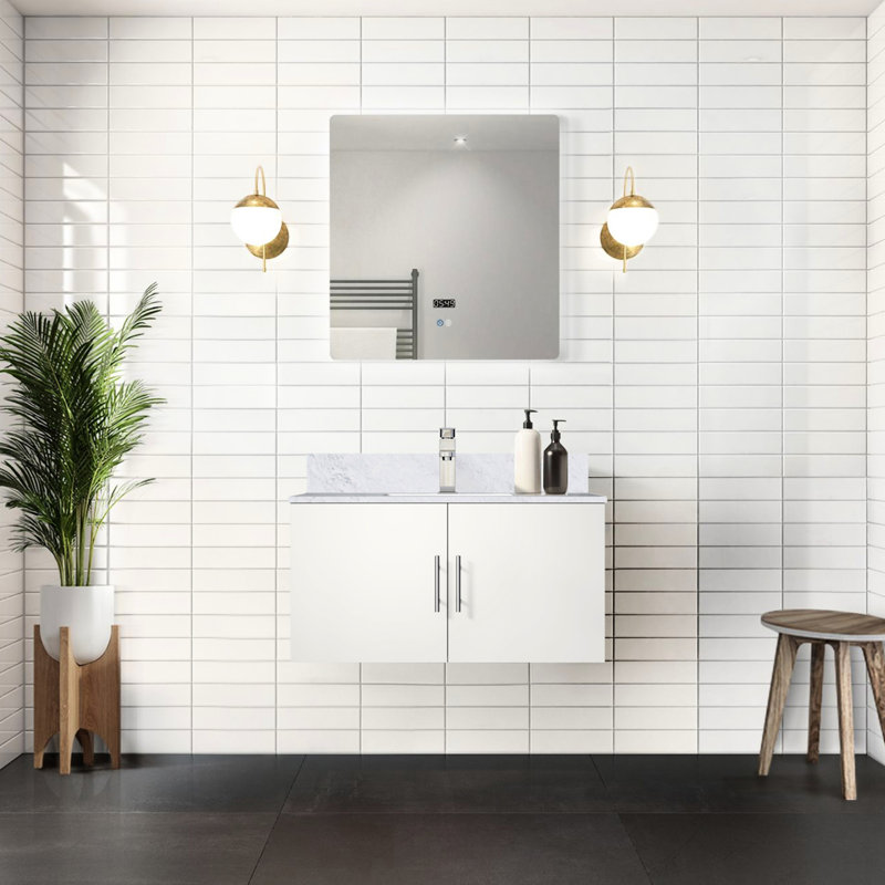 Meuble-lavabo blanc lustré l 36 po x P 22 po avec comptoir en marbre, robinet et miroir Armoire de salle de bain 22 po blanche