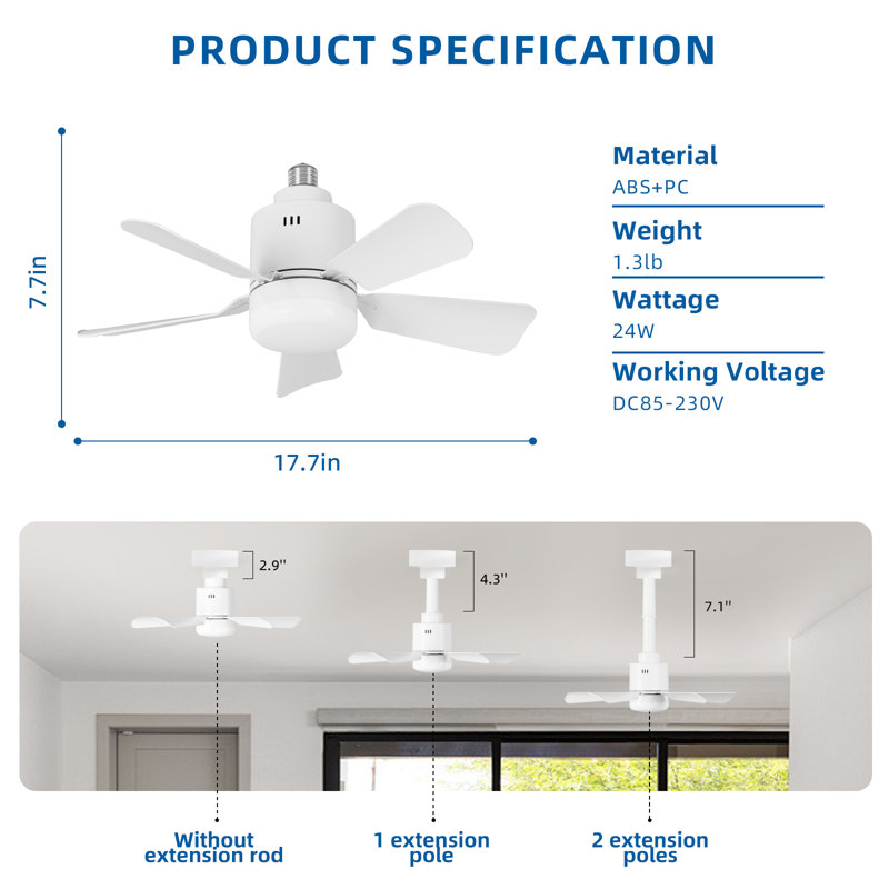 Modern Socket Fan Lights，lightbulb Fan Dimmable 3 Color，quiet Motor，for Indoor, Bedroom, Kitchen, White, White