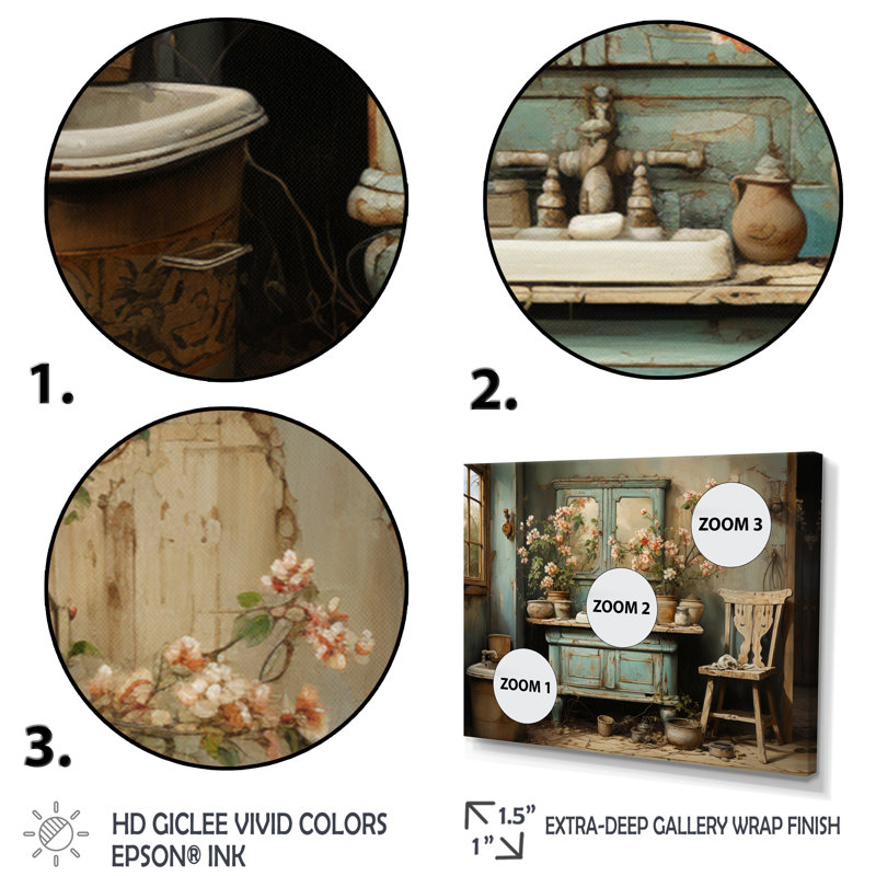 «Bathroom Bathroom Vintage Charm I» - Art mural encadré pour salle de bain, H 30 po x l 40 po x P 1,5 po, Toile tendue