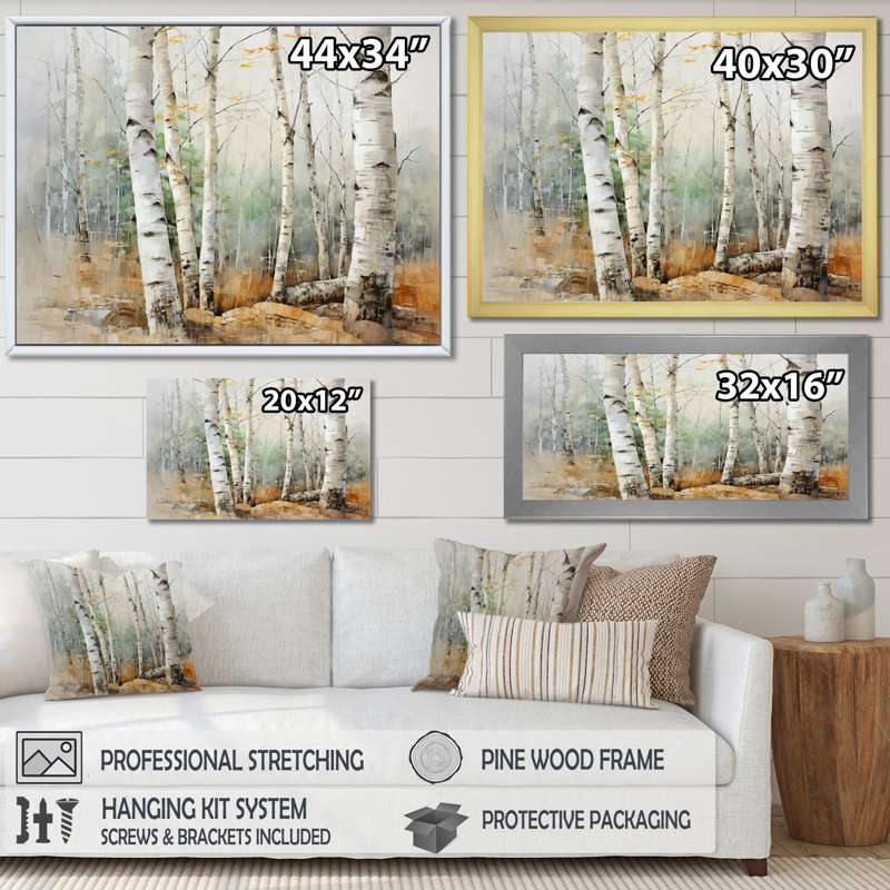 «Beige Silver Birch Tree Beauty II», reproduction sur toile, H 16 po x l 32 po x P 1 po, Cadre flottant blanc