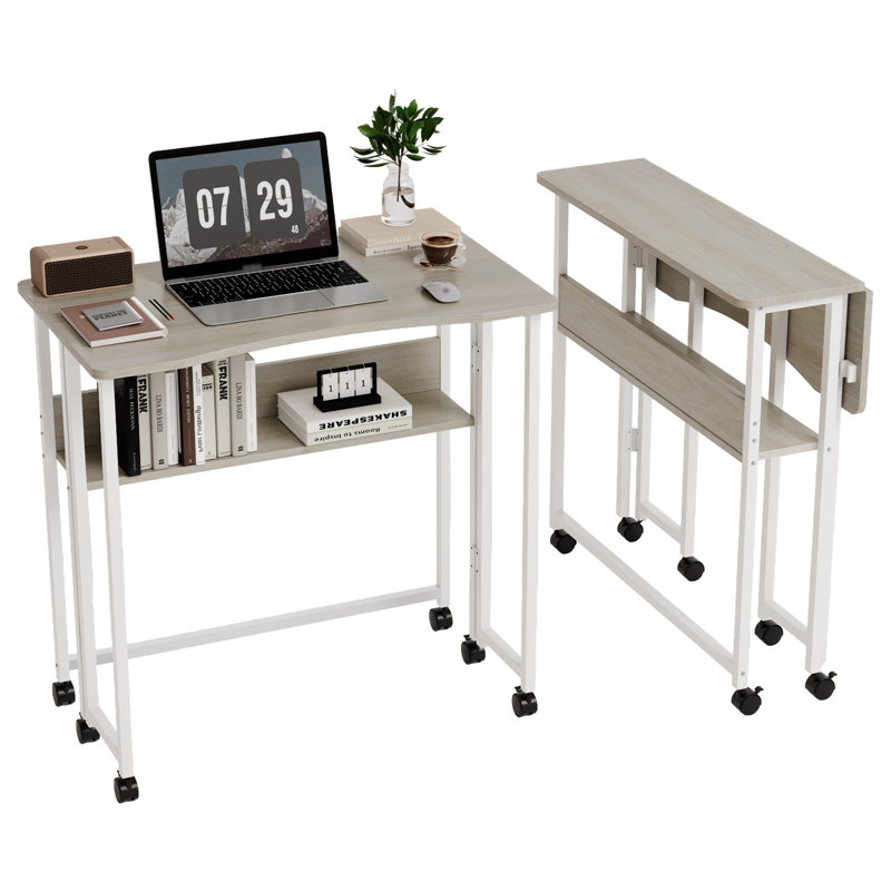 Bureau d'ordinateur pliable 31,5 po avec tablette de rangement et roulettes verrouillables pour le bureau personnel et les petits espaces